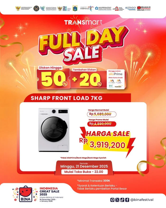 Diskon Besar Mesin Cuci Front Load 7kg Hanya Rp4 Juta di Transmart Full Day Sale 2026